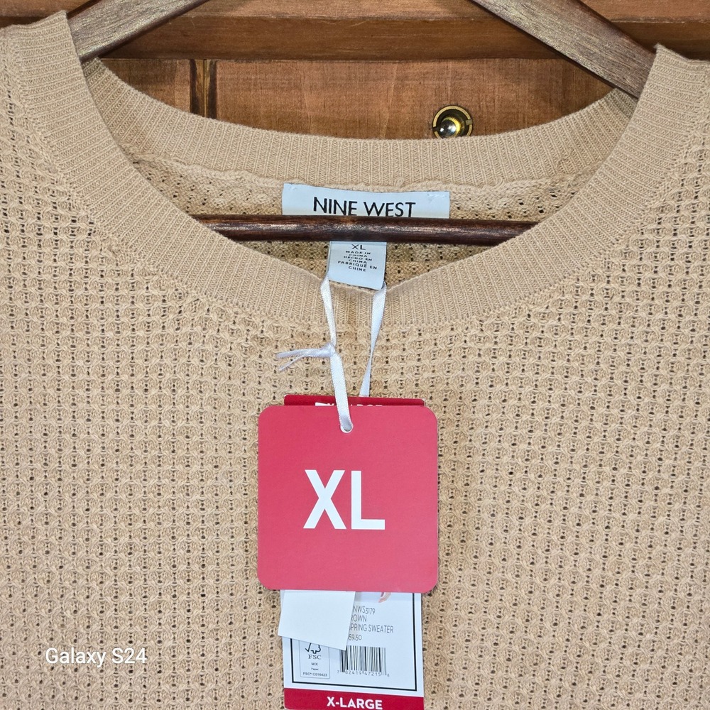 Nine West Mens XL Tan Beige Pointelle Knit‎ Short Sleeve Crew Neck Sweater NWT